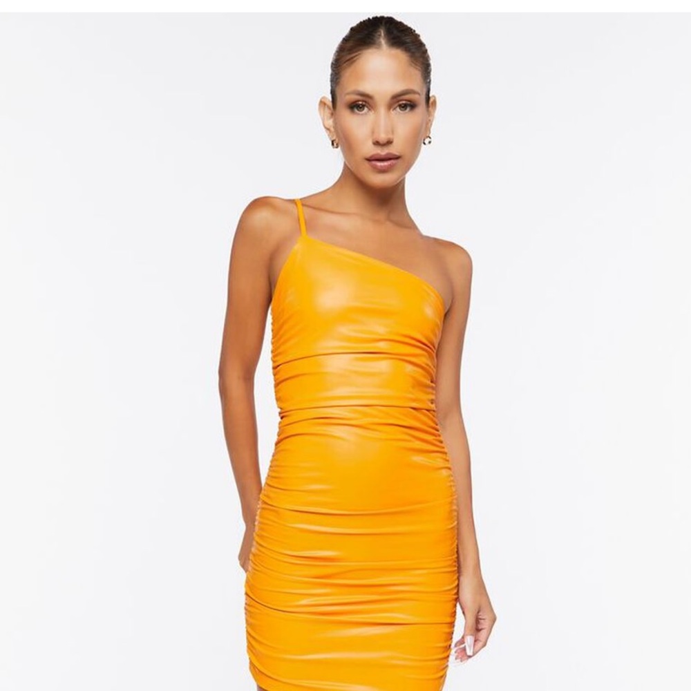 NWT Pleather Leather Vinyl Look One Shoulder Strapless Ruched Mini Dress - Picture 3 of 13